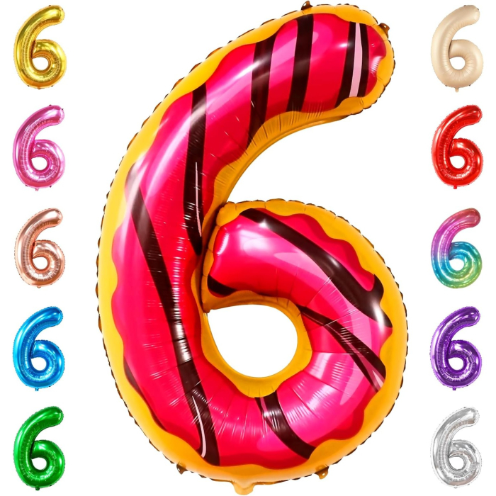 Balon din Folie Metalizata , Figurina Cifra, Imprimeu Gogosi, Tema Aniversare 100 cm, Ambalaj Individual, Pai inclus, Umflare cu Aer sau Heliu, Multicolor, Cifra 6 [5]
