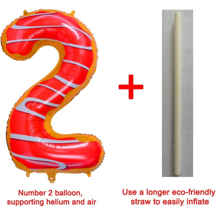 Balon din Folie Metalizata , Figurina Cifra, Imprimeu Gogosi, Tema Aniversare 100 cm, Ambalaj Individual, Pai inclus, Umflare cu Aer sau Heliu, Multicolor, Cifra 2 [8]