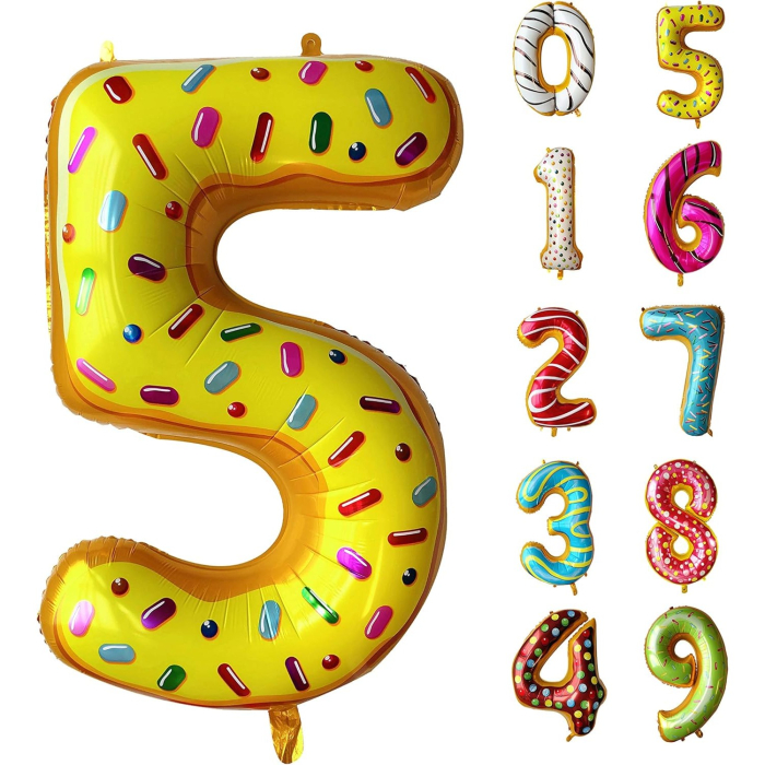 Balon din Folie Metalizata , Figurina Cifra, Imprimeu Gogosi, Tema Aniversare 100 cm, Ambalaj Individual, Pai inclus, Umflare cu Aer sau Heliu, Multicolor, Cifra 5 [7]