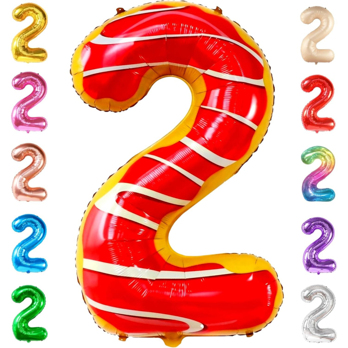 Balon din Folie Metalizata , Figurina Cifra, Imprimeu Gogosi, Tema Aniversare 100 cm, Ambalaj Individual, Pai inclus, Umflare cu Aer sau Heliu, Multicolor, Cifra 2 [6]