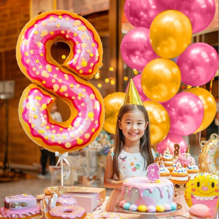 Balon din Folie Metalizata , Figurina Cifra, Imprimeu Gogosi, Tema Aniversare 100 cm, Ambalaj Individual, Pai inclus, Umflare cu Aer sau Heliu, Multicolor, Cifra 8 [2]