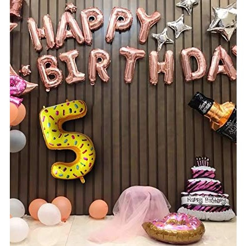 Balon din Folie Metalizata , Figurina Cifra, Imprimeu Gogosi, Tema Aniversare 100 cm, Ambalaj Individual, Pai inclus, Umflare cu Aer sau Heliu, Multicolor, Cifra 5 [3]