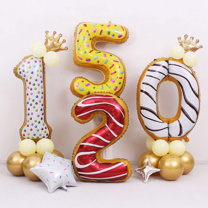 Balon din Folie Metalizata , Figurina Cifra, Imprimeu Gogosi, Tema Aniversare 100 cm, Ambalaj Individual, Pai inclus, Umflare cu Aer sau Heliu, Multicolor, Cifra 5 [9]