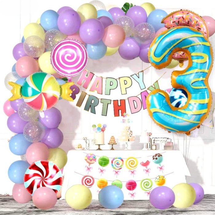 Balon din Folie Metalizata , Figurina Cifra, Imprimeu Gogosi, Tema Aniversare 100 cm, Ambalaj Individual, Pai inclus, Umflare cu Aer sau Heliu, Multicolor, Cifra 3 [4]