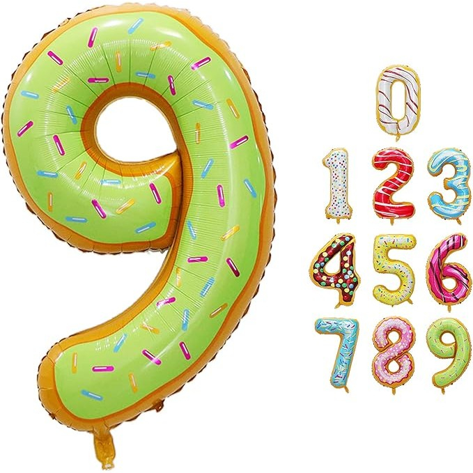 Balon din Folie Metalizata , Figurina Cifra, Imprimeu Gogosi, Tema Aniversare 100 cm, Ambalaj Individual, Pai inclus, Umflare cu Aer sau Heliu, Multicolor, Cifra 9 [7]