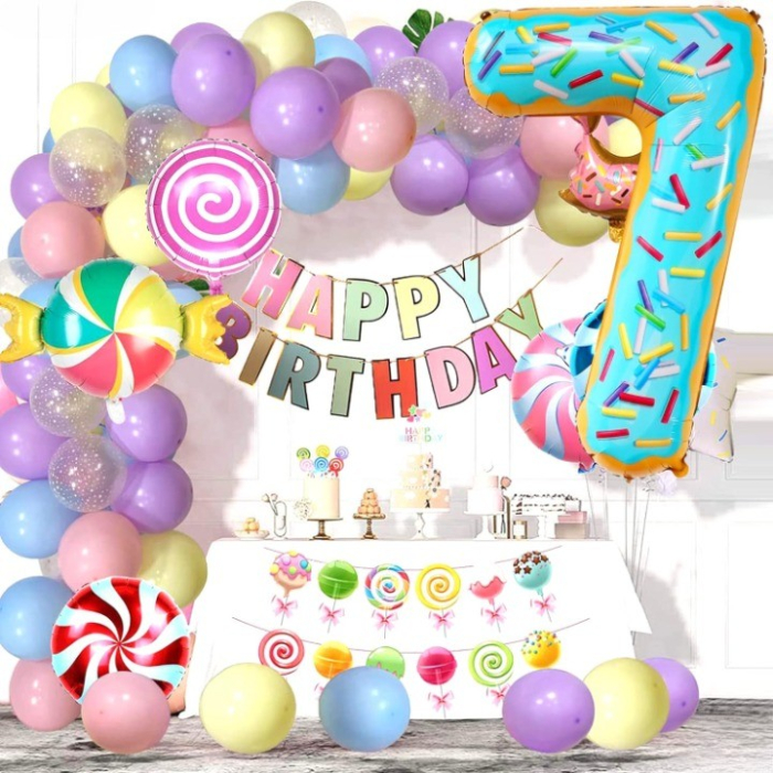 Balon din Folie Metalizata , Figurina Cifra, Imprimeu Gogosi, Tema Aniversare 100 cm, Ambalaj Individual, Pai inclus, Umflare cu Aer sau Heliu, Multicolor, Cifra 7 [2]