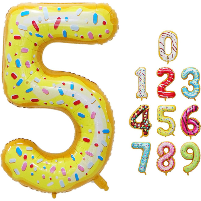 Balon din Folie Metalizata , Figurina Cifra, Imprimeu Gogosi, Tema Aniversare 100 cm, Ambalaj Individual, Pai inclus, Umflare cu Aer sau Heliu, Multicolor, Cifra 5 [8]