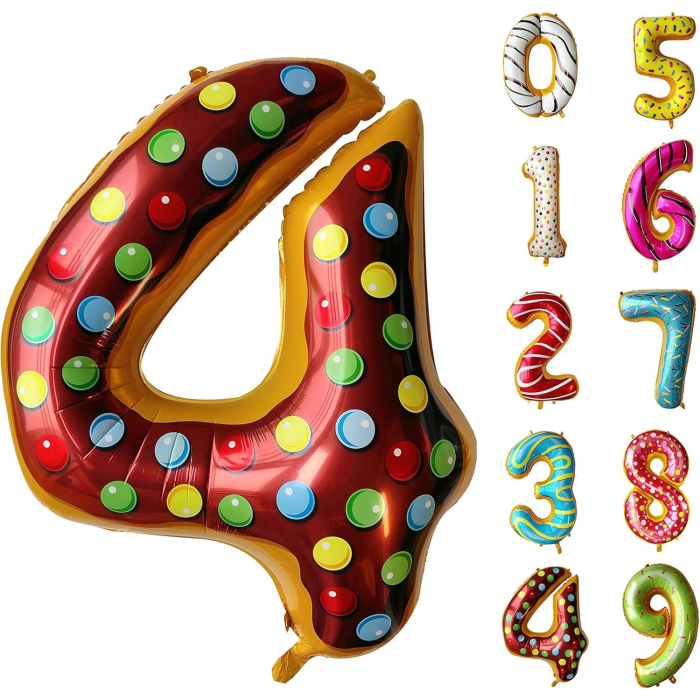 Balon din Folie Metalizata , Figurina Cifra, Imprimeu Gogosi, Tema Aniversare 100 cm, Ambalaj Individual, Pai inclus, Umflare cu Aer sau Heliu, Multicolor, Cifra 4 [11]