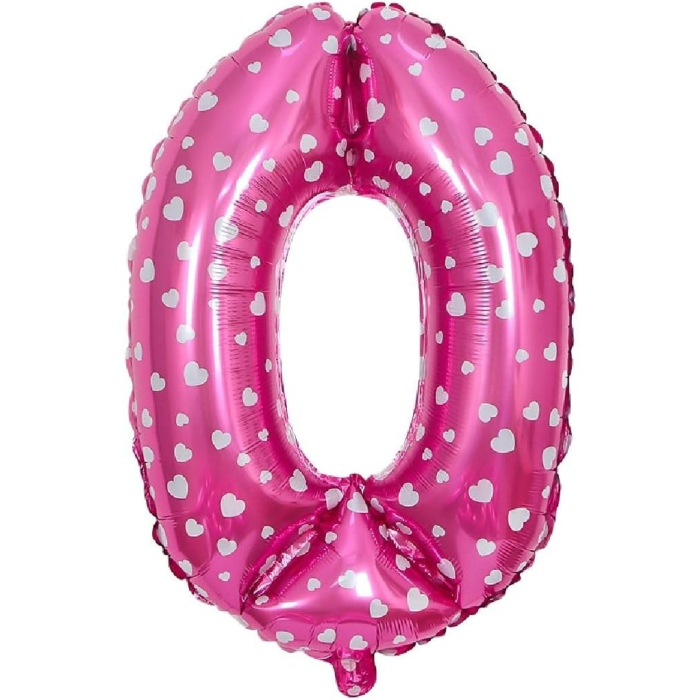 Balon din Folie Metalizata , Figurina Cifra, Imprimeu Inimi, Tema Aniversare 80 cm, Ambalaj Individual, Pai inclus, Umflare cu Aer sau Heliu, Roz, Cifra 0 [3]