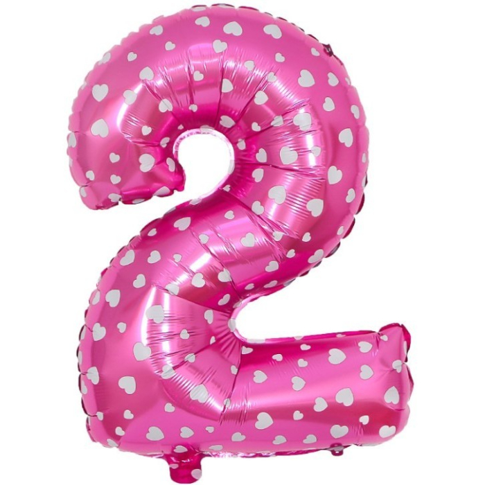 Balon din Folie Metalizata , Figurina Cifra, Imprimeu Inimi, Tema Aniversare 80 cm, Ambalaj Individual, Pai inclus, Umflare cu Aer sau Heliu, Roz, Cifra 2 [2]