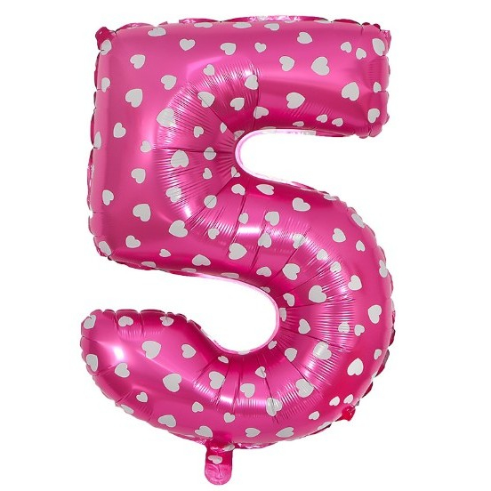 Balon din Folie Metalizata , Figurina Cifra, Imprimeu Inimi, Tema Aniversare 80 cm, Ambalaj Individual, Pai inclus, Umflare cu Aer sau Heliu, Roz, Cifra 5 [5]