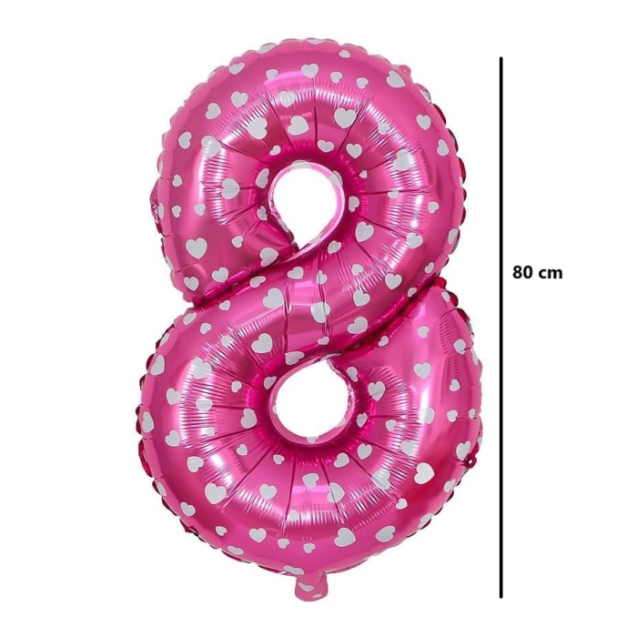 Balon din Folie Metalizata , Figurina Cifra, Imprimeu Inimi, Tema Aniversare 80 cm, Ambalaj Individual, Pai inclus, Umflare cu Aer sau Heliu, Roz, Cifra 8 [2]