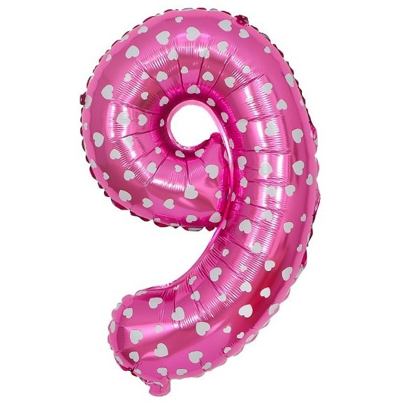 Balon din Folie Metalizata , Figurina Cifra, Imprimeu Inimi, Tema Aniversare 80 cm, Ambalaj Individual, Pai inclus, Umflare cu Aer sau Heliu, Roz, Cifra 9 [3]