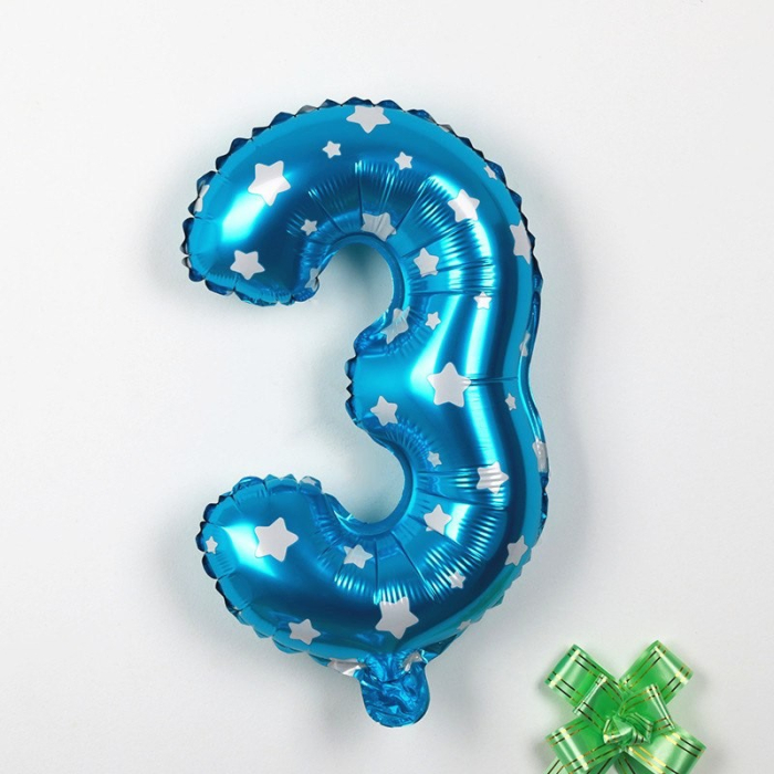 Balon din Folie Metalizata , Figurina Cifra, Imprimeu Stele, Tema Aniversare 80 cm, Ambalaj Individual, Pai inclus, Umflare cu Aer sau Heliu, Albastru, Cifra 3 [3]