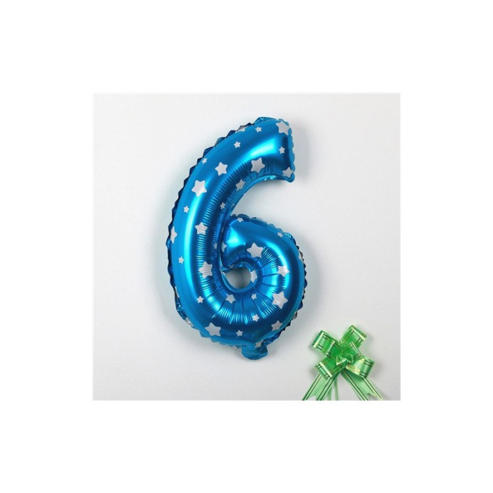Balon din Folie Metalizata , Figurina Cifra, Imprimeu Stele, Tema Aniversare 80 cm, Ambalaj Individual, Pai inclus, Umflare cu Aer sau Heliu, Albastru, Cifra 6 [2]