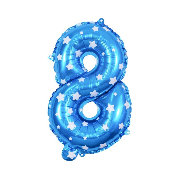 Balon din Folie Metalizata , Figurina Cifra, Imprimeu Stele, Tema Aniversare 80 cm, Ambalaj Individual, Pai inclus, Umflare cu Aer sau Heliu, Albastru, Cifra 8 [2]