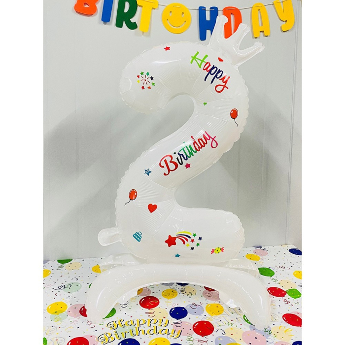 Balon din Folie Metalizata, , Figurina Cifra, Model 2 cu Happy Birthday Scris, Tema Aniversare 81 cm, Ambalaj Individual, Pai Inclus, Umflare cu Aer sau Heliu, Alb [2]