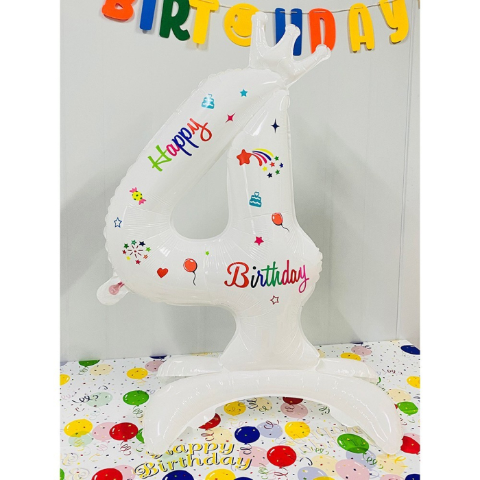 Balon din Folie Metalizata, , Figurina Cifra, Model 4 cu Happy Birthday Scris, Tema Aniversare 81 cm, Ambalaj Individual, Pai Inclus, Umflare cu Aer sau Heliu, Alb [2]