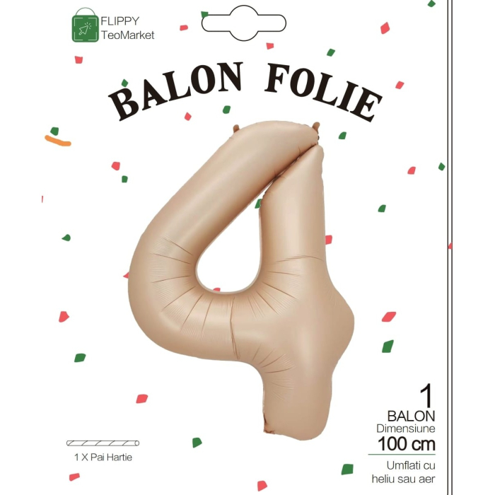 Balon din Folie Metalizata, , Figurina Cifra, Model 4, Tema Aniversare 100 cm, Ambalaj Individual, Pai Inclus, Umflare cu Aer sau Heliu, Crem [6]