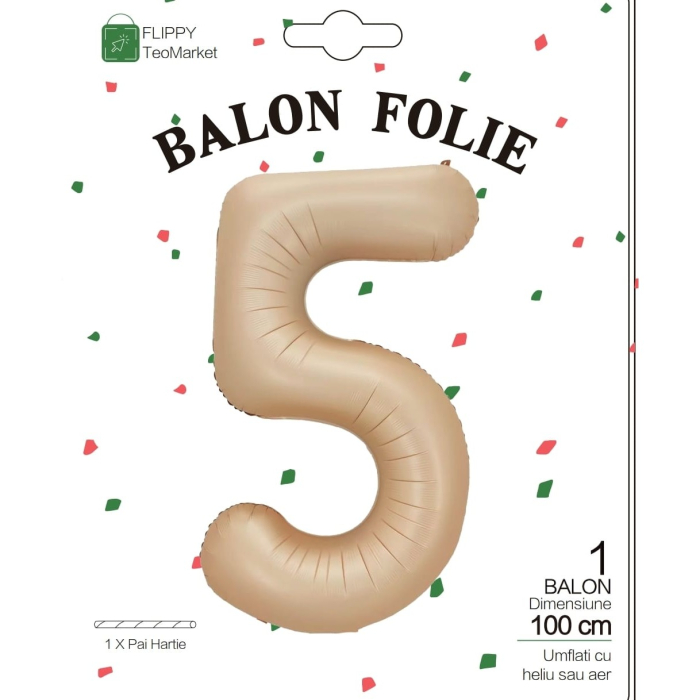 Balon din Folie Metalizata, , Figurina Cifra, Model 5, Tema Aniversare 100 cm, Ambalaj Individual, Pai Inclus, Umflare cu Aer sau Heliu, Crem [6]