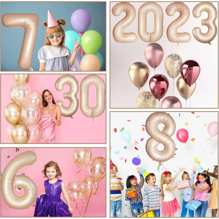 Balon din Folie Metalizata, , Figurina Cifra, Model 5, Tema Aniversare 100 cm, Ambalaj Individual, Pai Inclus, Umflare cu Aer sau Heliu, Crem [2]