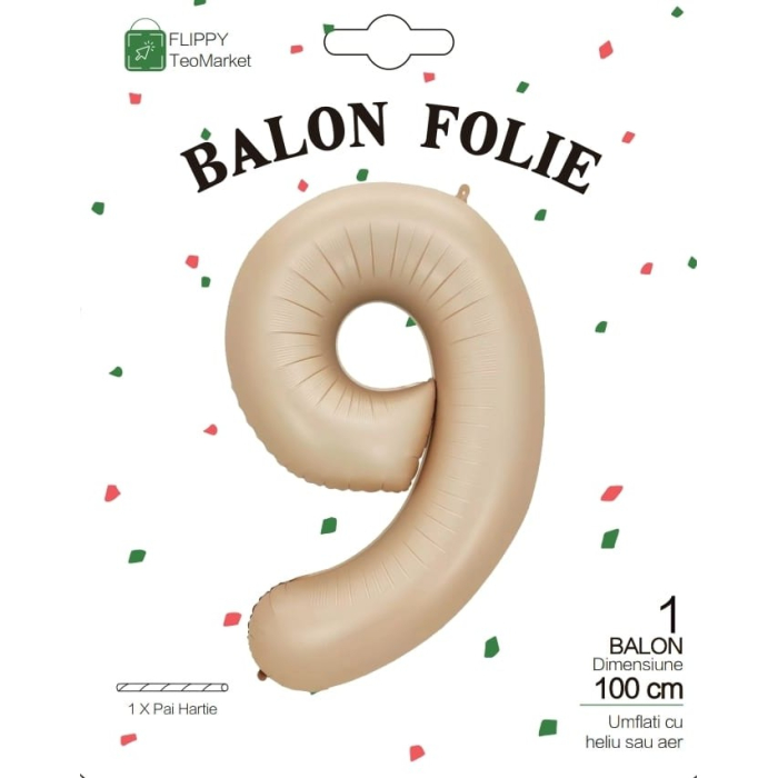 Balon din Folie Metalizata, , Figurina Cifra, Model 9, Tema Aniversare 100 cm, Ambalaj Individual, Pai Inclus, Umflare cu Aer sau Heliu, Crem [6]