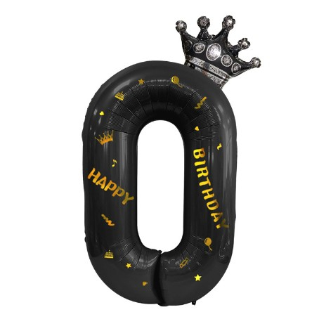 Balon din Folie Metalizata , Figurina Cifra si Coroana, Scris Happy Birthday, Tema Aniversare 100 cm, Ambalaj Individual, Pai inclus, Umflare cu Aer sau Heliu, Negru, Cifra 0 [7]