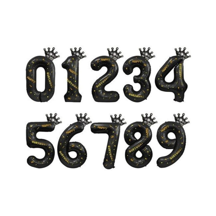 Balon din Folie Metalizata , Figurina Cifra si Coroana, Scris Happy Birthday, Tema Aniversare 100 cm, Ambalaj Individual, Pai inclus, Umflare cu Aer sau Heliu, Negru, Cifra 9 [4]