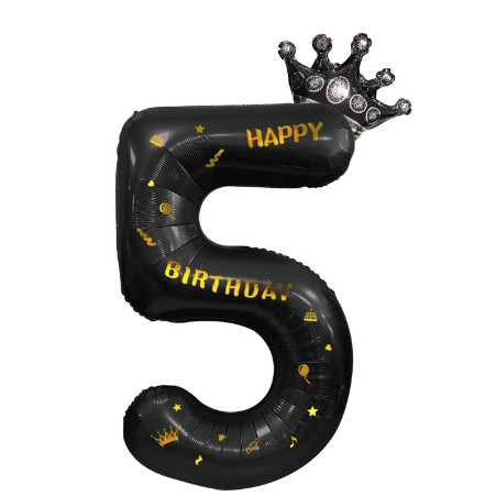 Balon din Folie Metalizata , Figurina Cifra si Coroana, Scris Happy Birthday, Tema Aniversare 100 cm, Ambalaj Individual, Pai inclus, Umflare cu Aer sau Heliu, Negru, Cifra 5 [6]