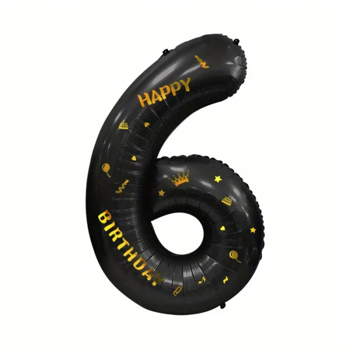 Balon din Folie Metalizata , Figurina Cifra si Coroana, Scris Happy Birthday, Tema Aniversare 100 cm, Ambalaj Individual, Pai inclus, Umflare cu Aer sau Heliu, Negru, Cifra 6 [6]