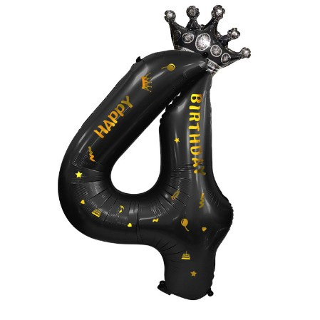 Balon din Folie Metalizata , Figurina Cifra si Coroana, Scris Happy Birthday, Tema Aniversare 100 cm, Ambalaj Individual, Pai inclus, Umflare cu Aer sau Heliu, Negru, Cifra 4 [7]