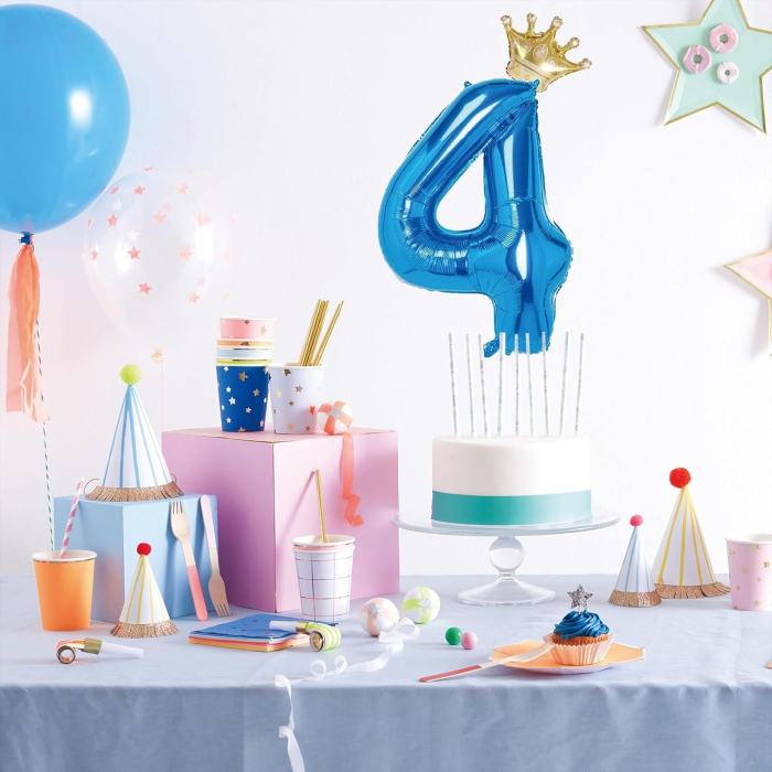 Balon din Folie Metalizata , Figurina Cifra si Coroana, Tema Aniversare 100 cm, Ambalaj Individual, Pai inclus, Umflare cu Aer sau Heliu, Albastru, Cifra 4 [3]