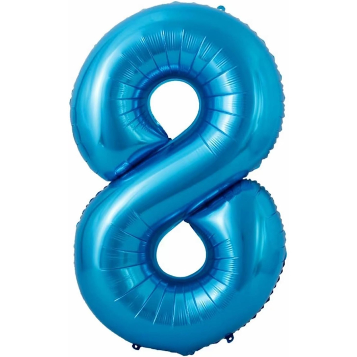 Balon din Folie Metalizata , Figurina Cifra si Coroana, Tema Aniversare 100 cm, Ambalaj Individual, Pai inclus, Umflare cu Aer sau Heliu, Albastru, Cifra 8 [2]