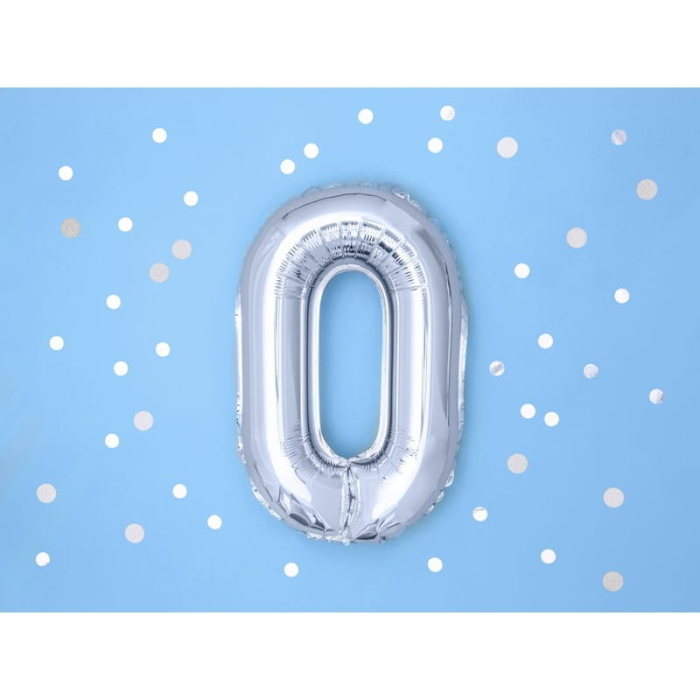 Balon din Folie Metalizata, , Figurina Cifra, Tema Aniversare 100 cm, Ambalaj Individual, Pai inclus, Umflare cu Aer sau Heliu, Argintiu, Cifra 0 [6]