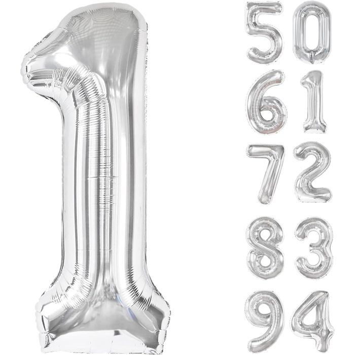 Balon din Folie Metalizata, , Figurina Cifra, Tema Aniversare 100 cm, Ambalaj Individual, Pai inclus, Umflare cu Aer sau Heliu, Argintiu, Cifra 1 [4]