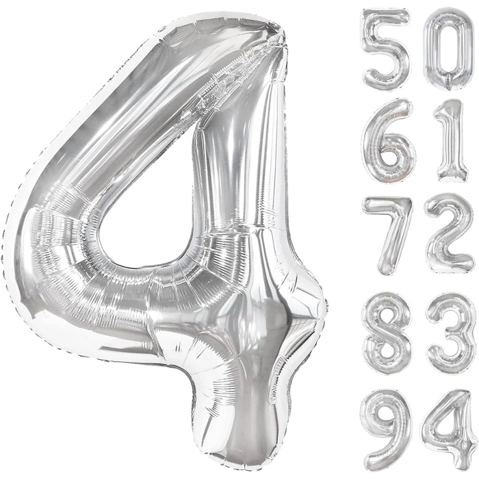 Balon din Folie Metalizata, , Figurina Cifra, Tema Aniversare 100 cm, Ambalaj Individual, Pai inclus, Umflare cu Aer sau Heliu, Argintiu, Cifra 4 [2]