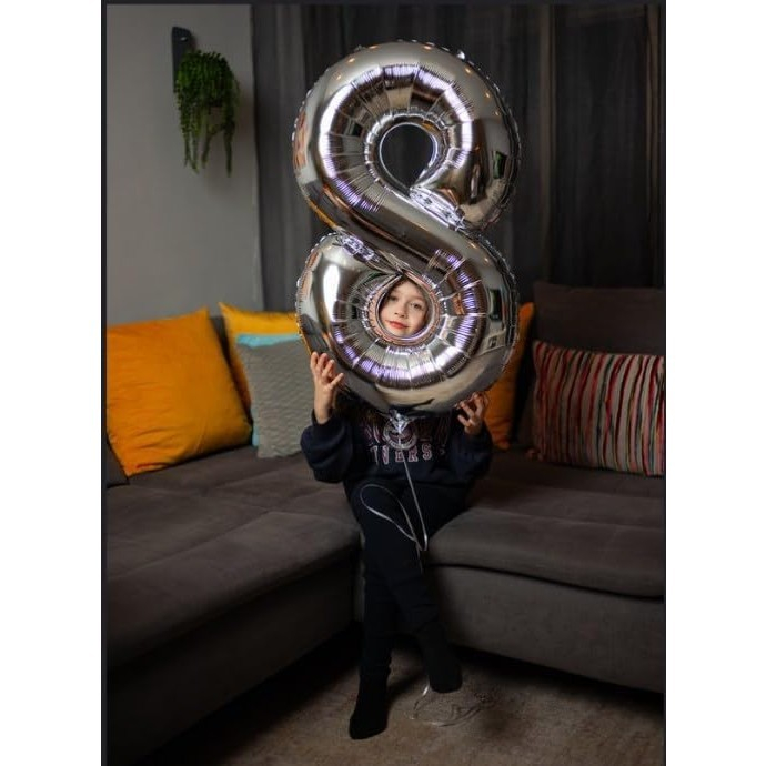 Balon din Folie Metalizata, , Figurina Cifra, Tema Aniversare 100 cm, Ambalaj Individual, Pai inclus, Umflare cu Aer sau Heliu, Argintiu, Cifra 8 [4]