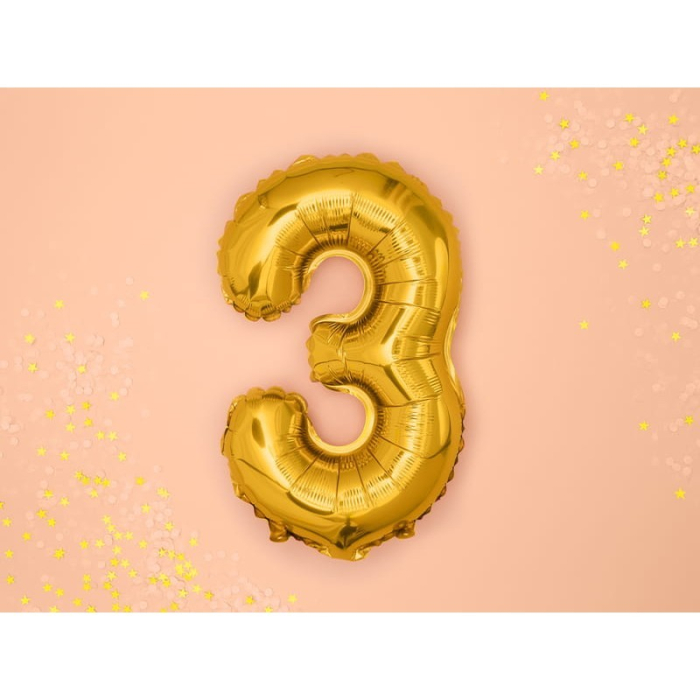 Balon din Folie Metalizata , Figurina Cifra, Tema Aniversare 100 cm, Ambalaj Individual, Pai inclus, Umflare cu Aer sau Heliu, Auriu, Cifra 3 [2]