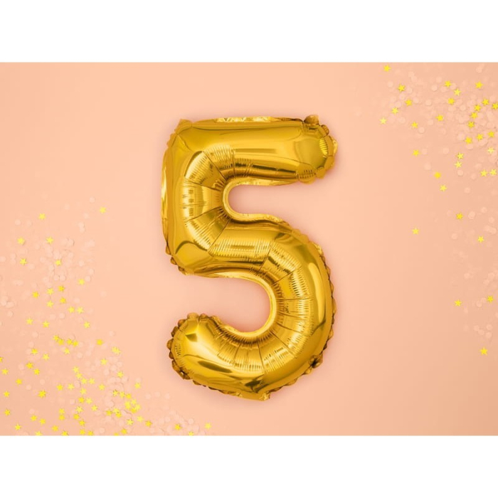 Balon din Folie Metalizata , Figurina Cifra, Tema Aniversare 100 cm, Ambalaj Individual, Pai inclus, Umflare cu Aer sau Heliu, Auriu, Cifra 5 [2]