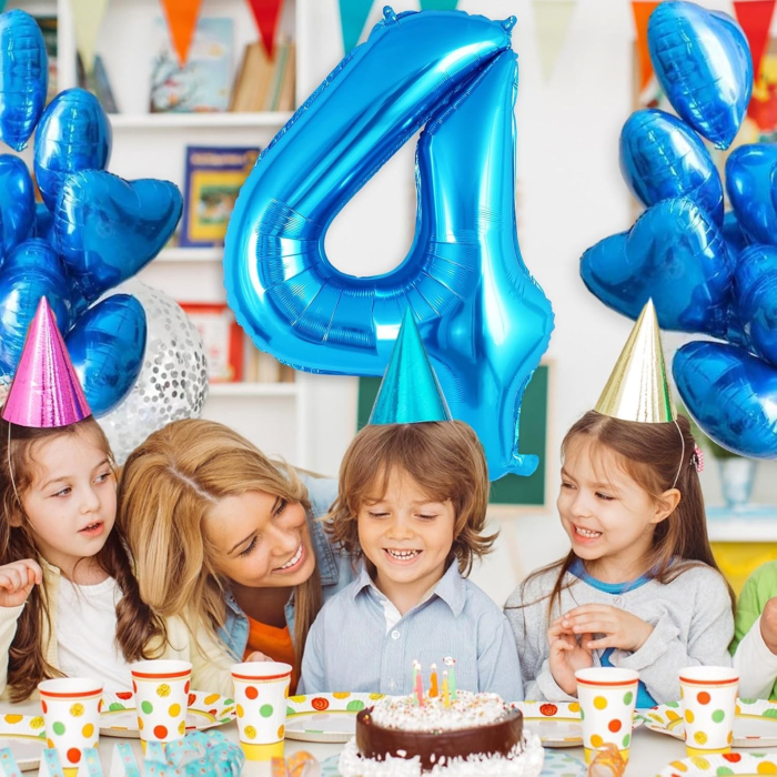 Balon din Folie Metalizata , Figurina Cifra, Tema Aniversare 40 cm, Ambalaj Individual, Pai inclus, Umflare cu Aer sau Heliu, Albastru, Cifra 4 [4]