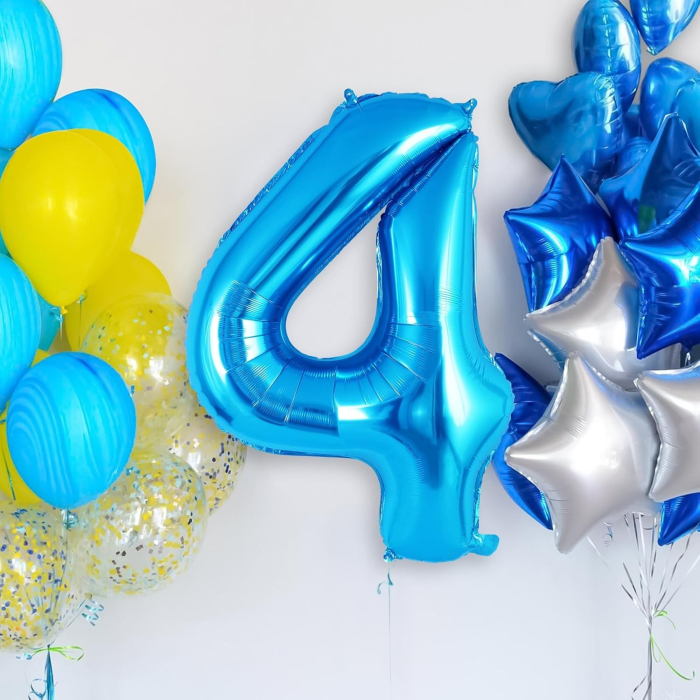 Balon din Folie Metalizata , Figurina Cifra, Tema Aniversare 40 cm, Ambalaj Individual, Pai inclus, Umflare cu Aer sau Heliu, Albastru, Cifra 4 [5]