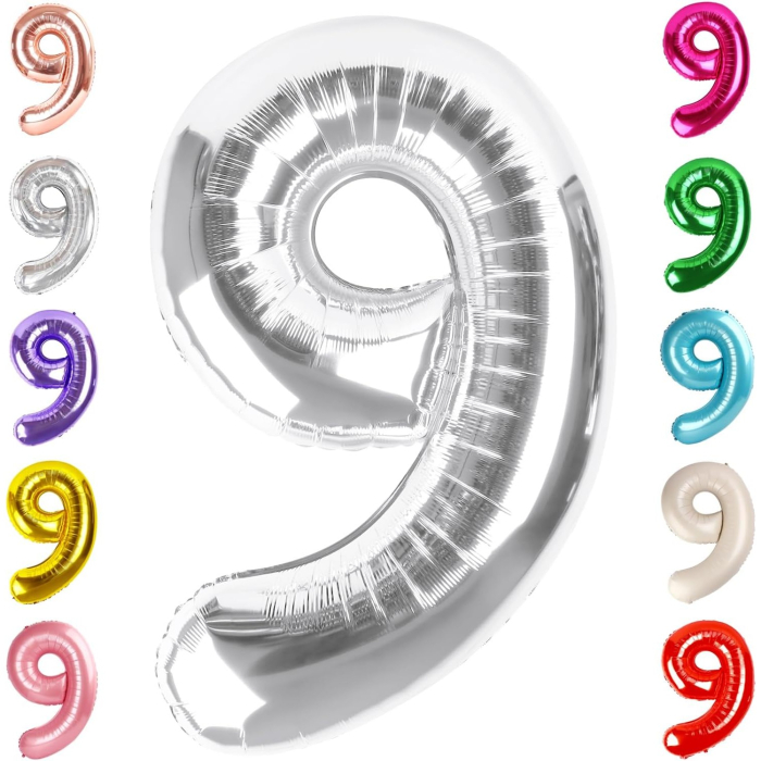 Balon din Folie Metalizata , Figurina Cifra, Tema Aniversare 40 cm, Ambalaj Individual, Pai inclus, Umflare cu Aer sau Heliu, Argintiu, Cifra 9 [5]