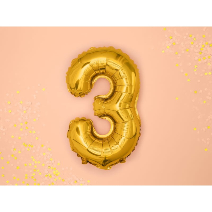 Balon din Folie Metalizata , Figurina Cifra, Tema Aniversare 40 cm, Ambalaj Individual, Pai inclus, Umflare cu Aer sau Heliu, Auriu, Cifra 3 [3]