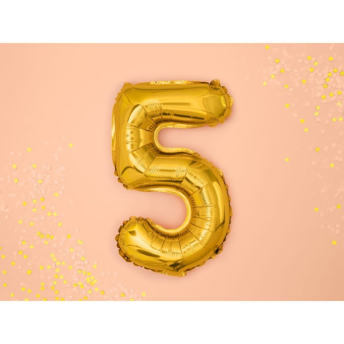 Balon din Folie Metalizata , Figurina Cifra, Tema Aniversare 40 cm, Ambalaj Individual, Pai inclus, Umflare cu Aer sau Heliu, Auriu, Cifra 5 [3]