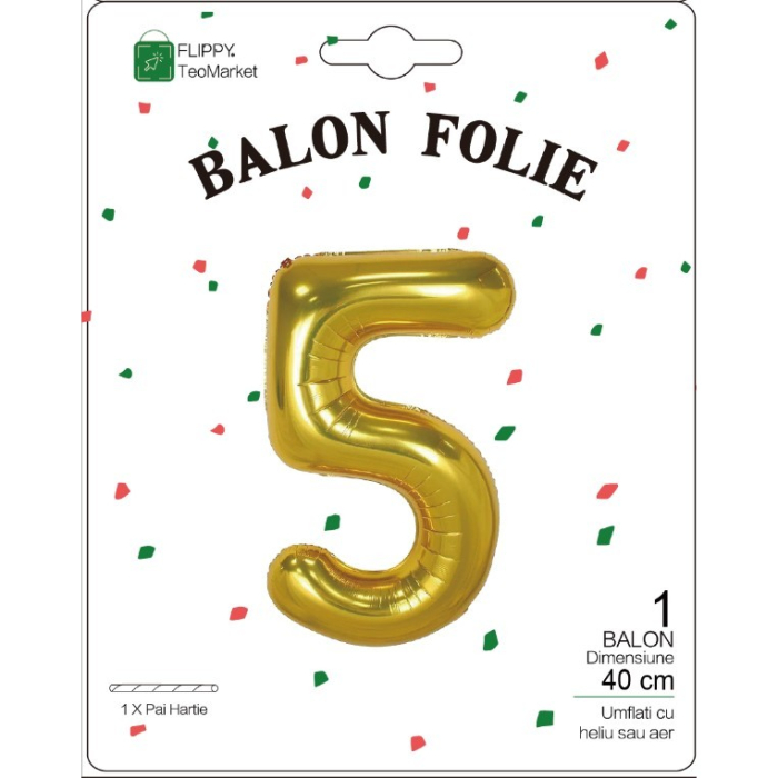 Balon din Folie Metalizata , Figurina Cifra, Tema Aniversare 40 cm, Ambalaj Individual, Pai inclus, Umflare cu Aer sau Heliu, Auriu, Cifra 5 [2]