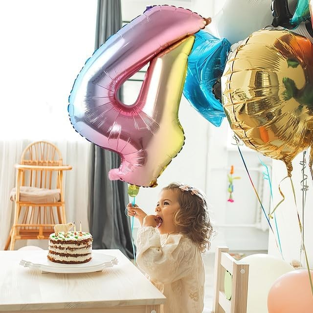 Balon din Folie Metalizata , Figurina Cifra, Tema Aniversare 40 cm, Ambalaj Individual, Pai inclus, Umflare cu Aer sau Heliu, Multicolor, Cifra 4 [2]