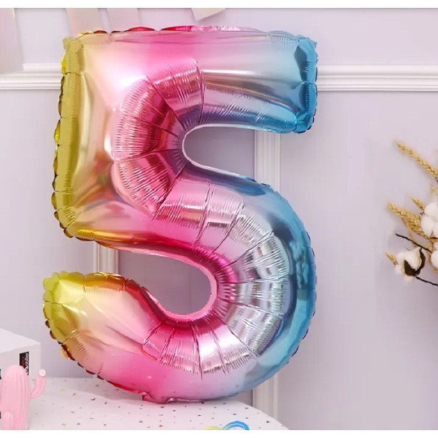 Balon din Folie Metalizata , Figurina Cifra, Tema Aniversare 40 cm, Ambalaj Individual, Pai inclus, Umflare cu Aer sau Heliu, Multicolor, Cifra 5 [7]