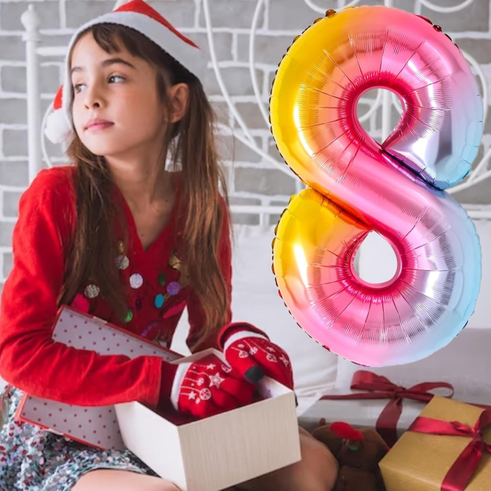 Balon din Folie Metalizata , Figurina Cifra, Tema Aniversare 40 cm, Ambalaj Individual, Pai inclus, Umflare cu Aer sau Heliu, Multicolor, Cifra 8 [2]