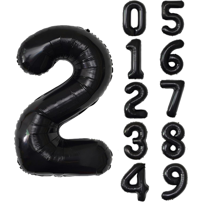 Balon din Folie Metalizata, , Figurina Cifra, Tema Aniversare 40 cm, Ambalaj Individual, Pai inclus, Umflare cu Aer sau Heliu, Negru, Cifra 2 [3]