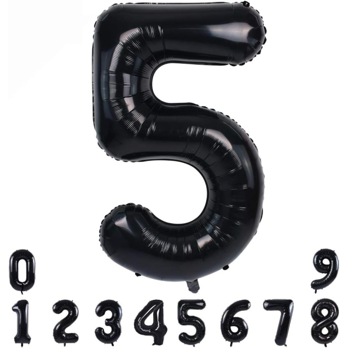 Balon din Folie Metalizata , Figurina Cifra, Tema Aniversare 40 cm, Ambalaj Individual, Pai inclus, Umflare cu Aer sau Heliu, Negru, Cifra 5 [8]
